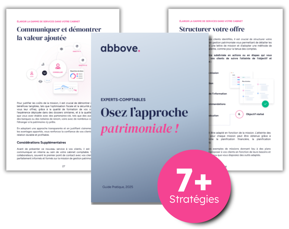 Image d'un outil collaboratif de planification patrimoniale pour un client. Comprend un tableau d'inventaire immobilier avec des catégories telles que l'immobilier, les investissements et les assurances. Affiche un arbre généalogique et un graphique circulaire coloré des types d'actifs. Une icône rose avec le signe du dollar indique les discussions financières.