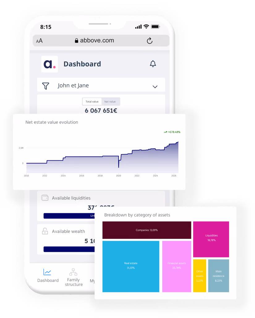 Mobile dashboard showing net estate value growth chart and asset category breakdown by percentage.