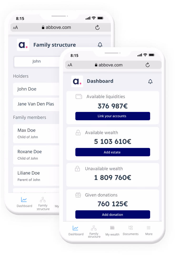 Two mobile screens showing family structure and financial dashboard for account and wealth management.