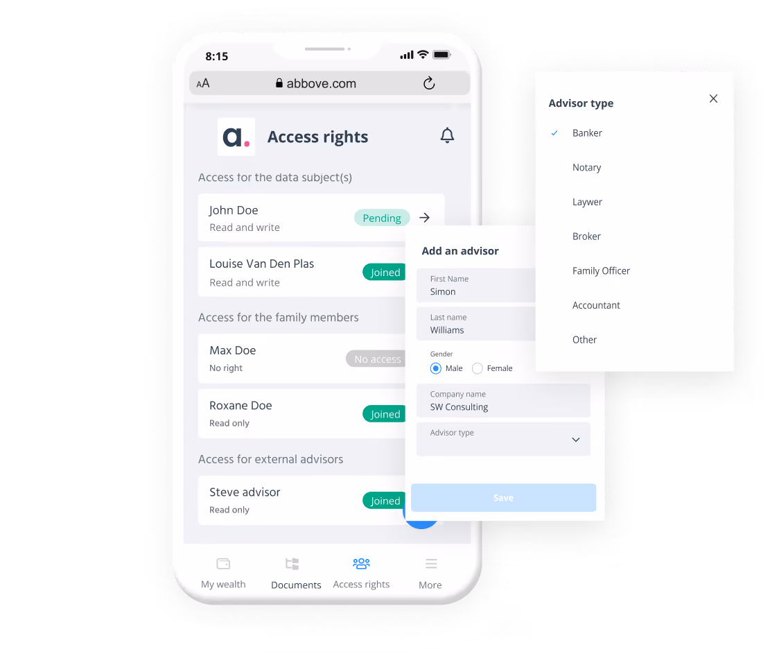 Mobile screen showing access rights settings for data subjects, family members, and external advisors with add advisor form.