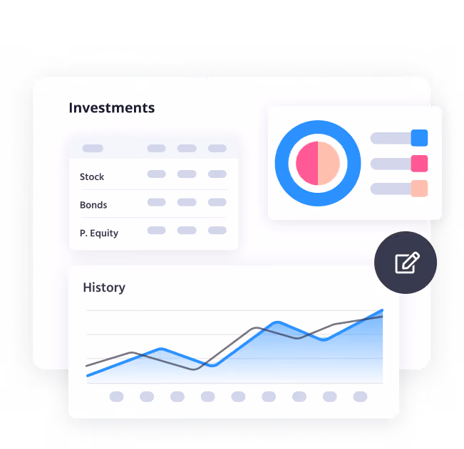 Dashboard showing investment categories with a pie chart and line graph of investment history.