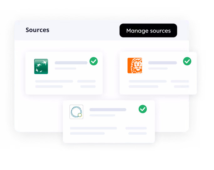 User interface screen showing three verified source cards with logos and a Manage sources button.