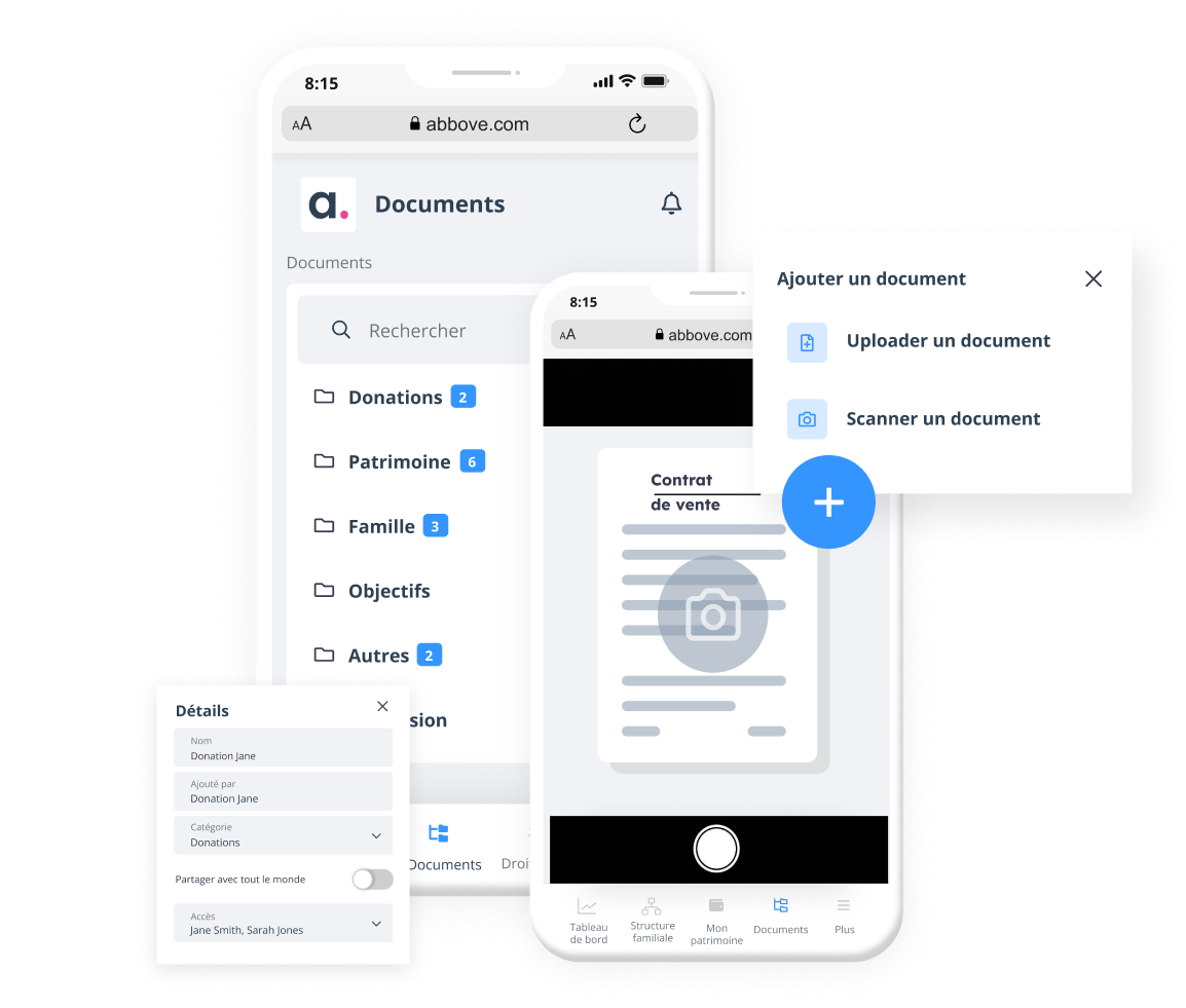 Interface de l'application mobile affichant des dossiers de documents, les détails d'un document et des options pour uploader ou scanner un document.