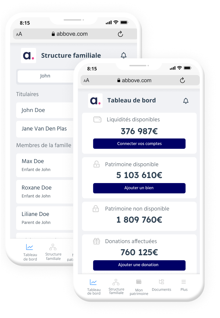 Deux écrans de smartphone montrant la structure familiale et un tableau de bord financier pour la gestion des comptes et du patrimoine.