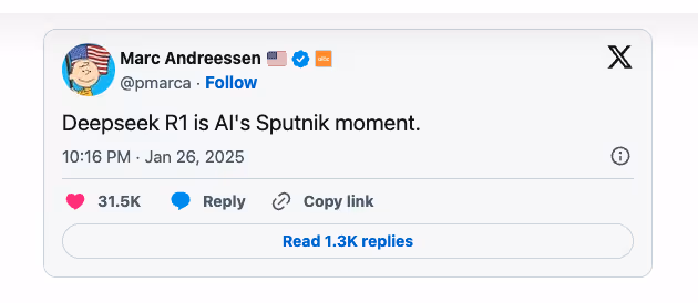 Tweet from Marc Andreessen on DeepSeek.