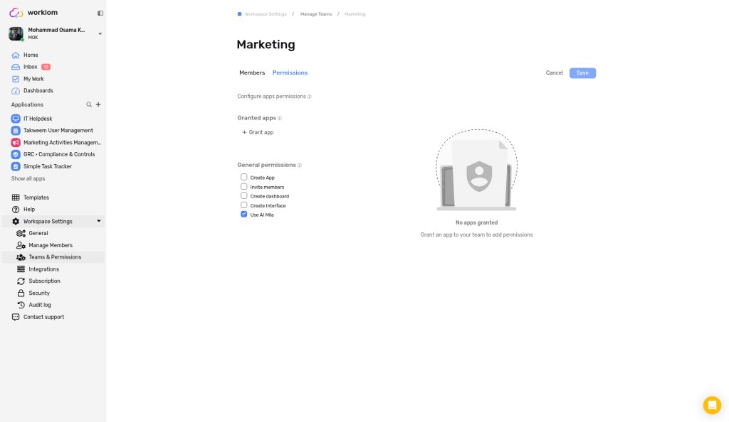 A team's Permissions tab with the General permissions list, including Create Interface