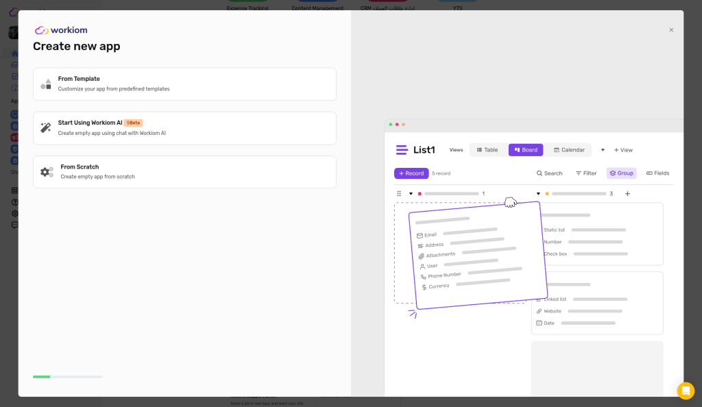 The Create new app window with From Template, Start Using Workiom AI (Beta), and From Scratch