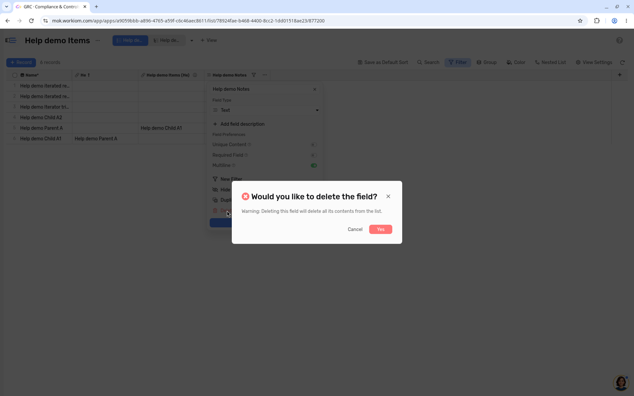 The Would you like to delete the field? confirmation with Cancel and Yes buttons