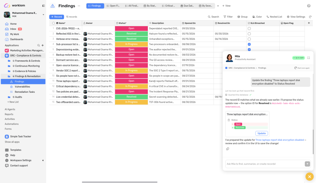 Update card showing Status changing from Open to Resolved, with the Update button