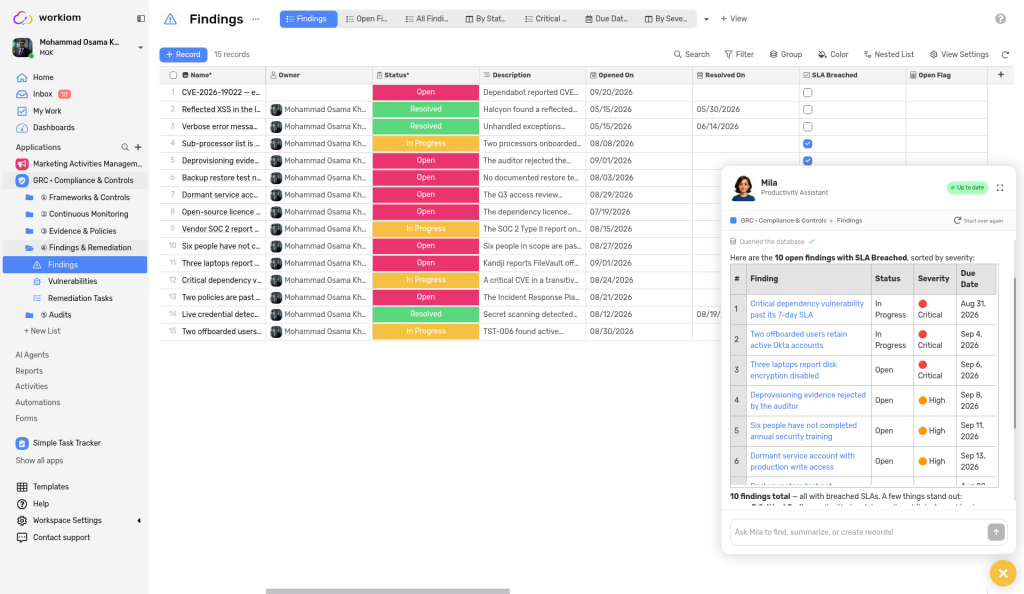 A question, Mila's table of matching records, and summary