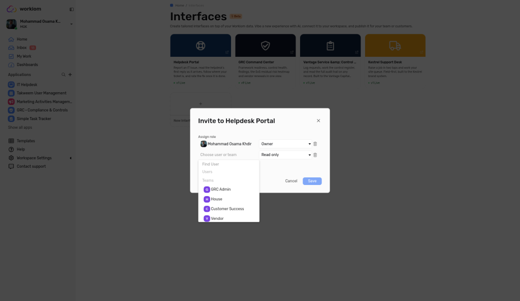 The picker that opens from + Add, with Find User and the Users and Teams lists