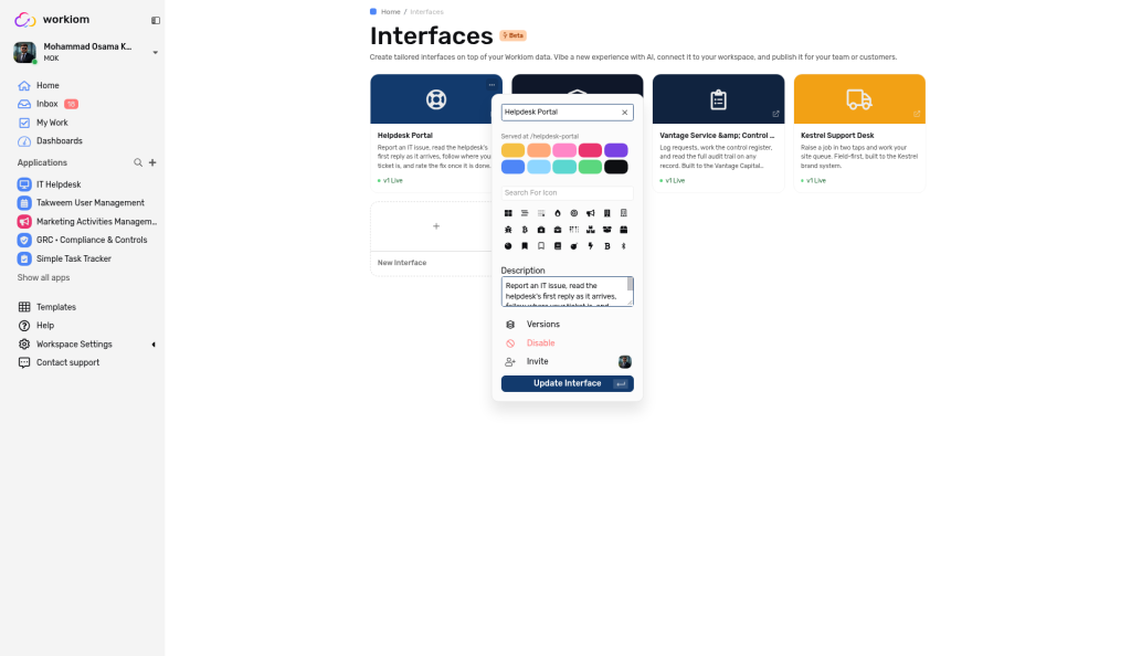 The Interface card menu, with Invite among the options