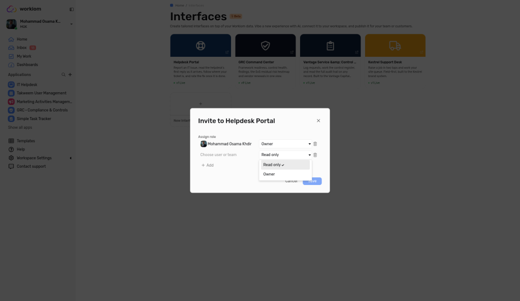 The Invite to dialog, with Assign role and the Owner row