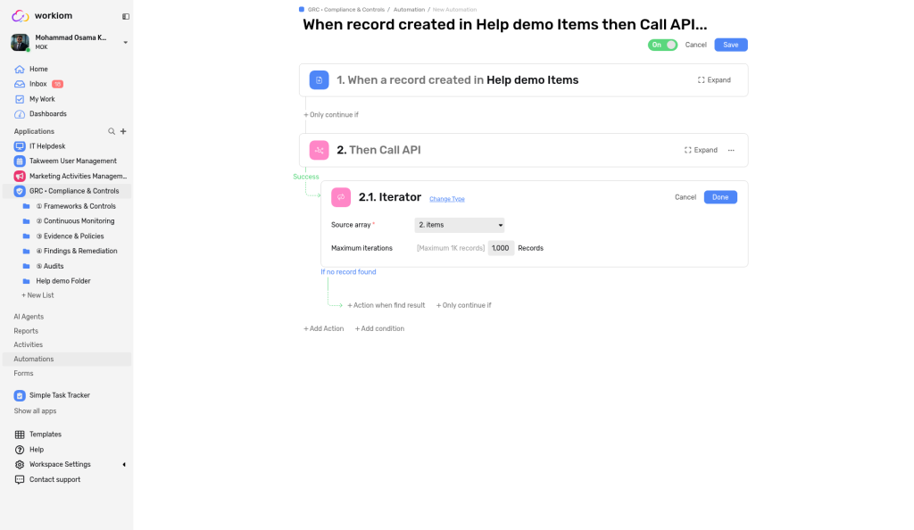 Iterator configuration under Call API, with Source array and Maximum iterations