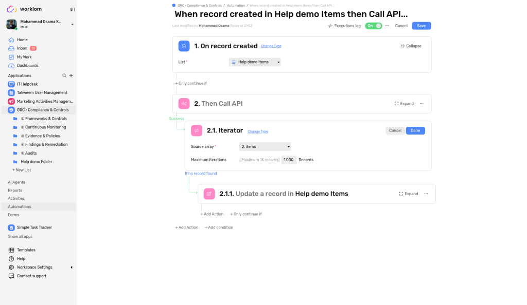 An automation with a Call API step, an Iterator on Success, and an Update a record action under the Iterator