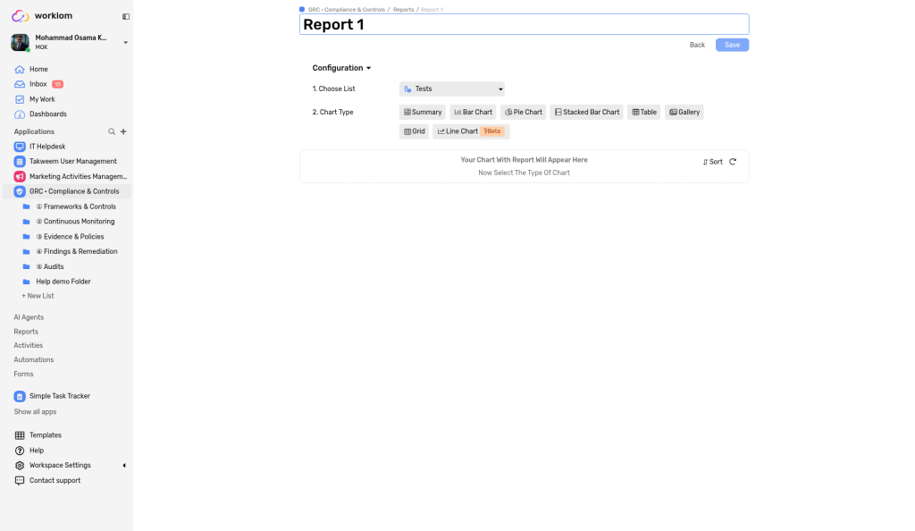 The report builder's Chart Type options: Summary, Bar Chart, Pie Chart, Stacked Bar Chart, Table, Gallery, Grid, and Line Chart (Beta)