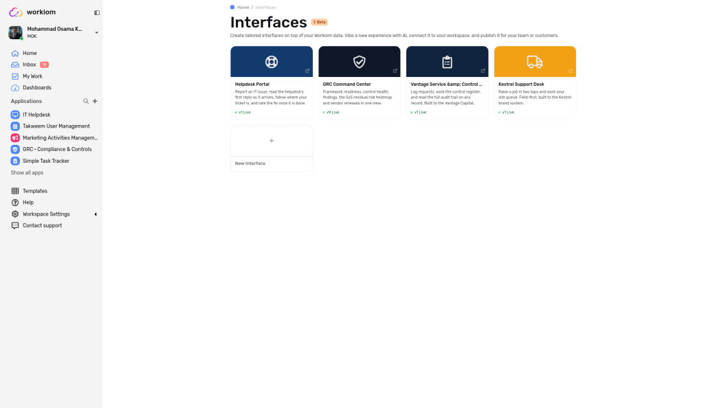 The Interfaces page, marked Beta, with Interface cards and a New Interface tile