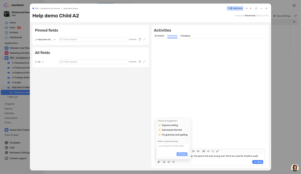 The Choose AI Suggestion menu with three presets and a custom prompt box