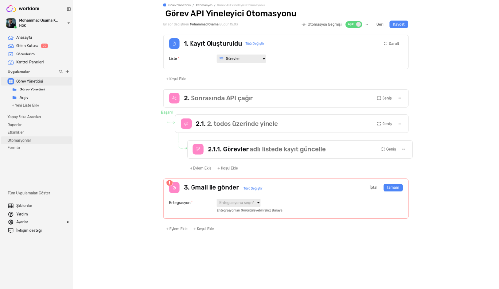 Hesap seçilmeden önce Integration açılır menüsünü gösteren Send Via GMail adımı