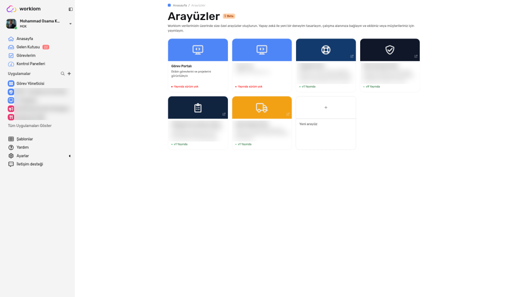 Beta olarak işaretlenmiş Arayüzler sayfası, Arayüz kartları ve Yeni Arayüz kutucuğu
