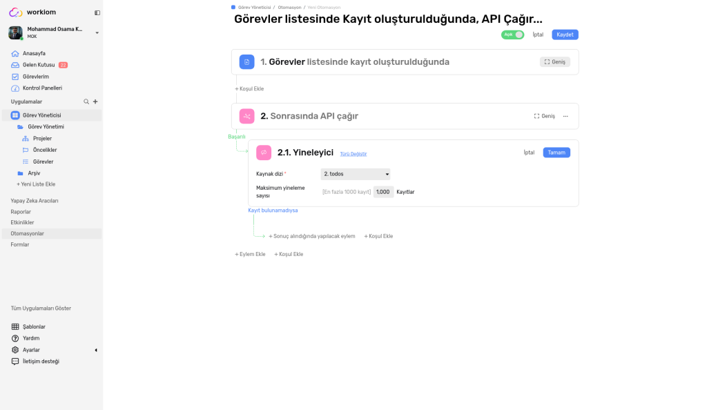 Call API altında, Source array ve Maximum iterations alanlarıyla Iterator yapılandırması