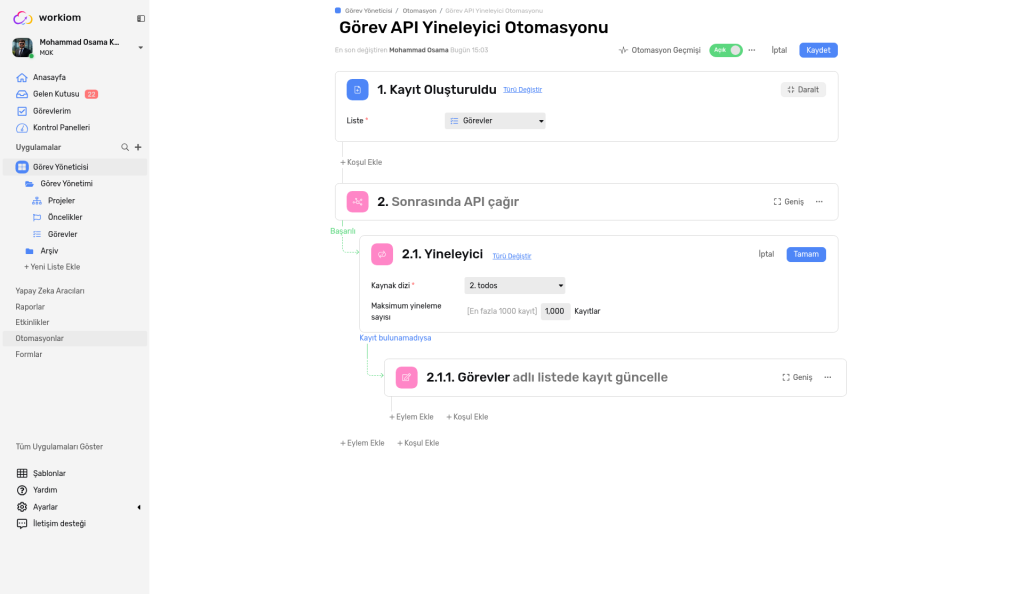 Call API adımı, Success durumunda bir Iterator ve Iterator altında bir Update a record eylemi bulunan otomasyon