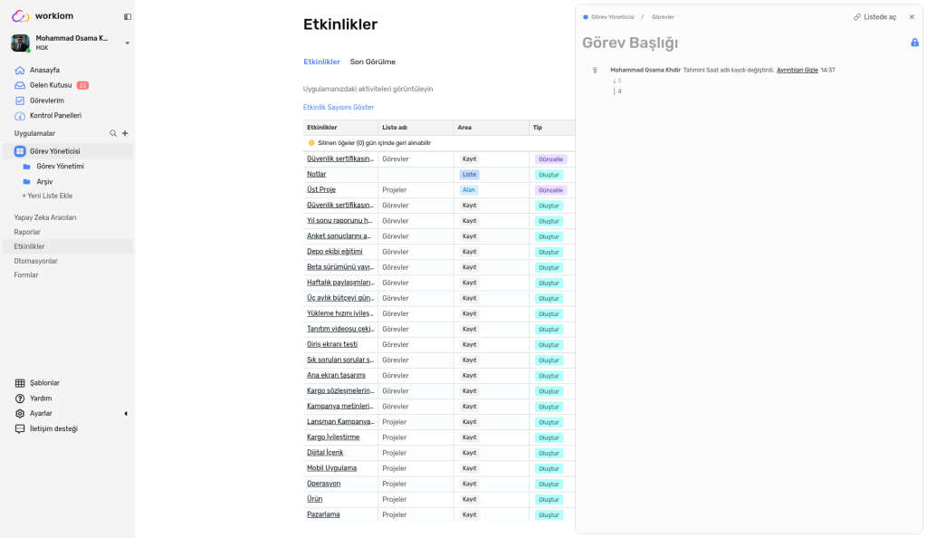 Yan panelde açılmış bir kayıt güncellemesini, Changed Name girdisini ve Hide difference bağlantısını gösteren Etkinlikler sayfası