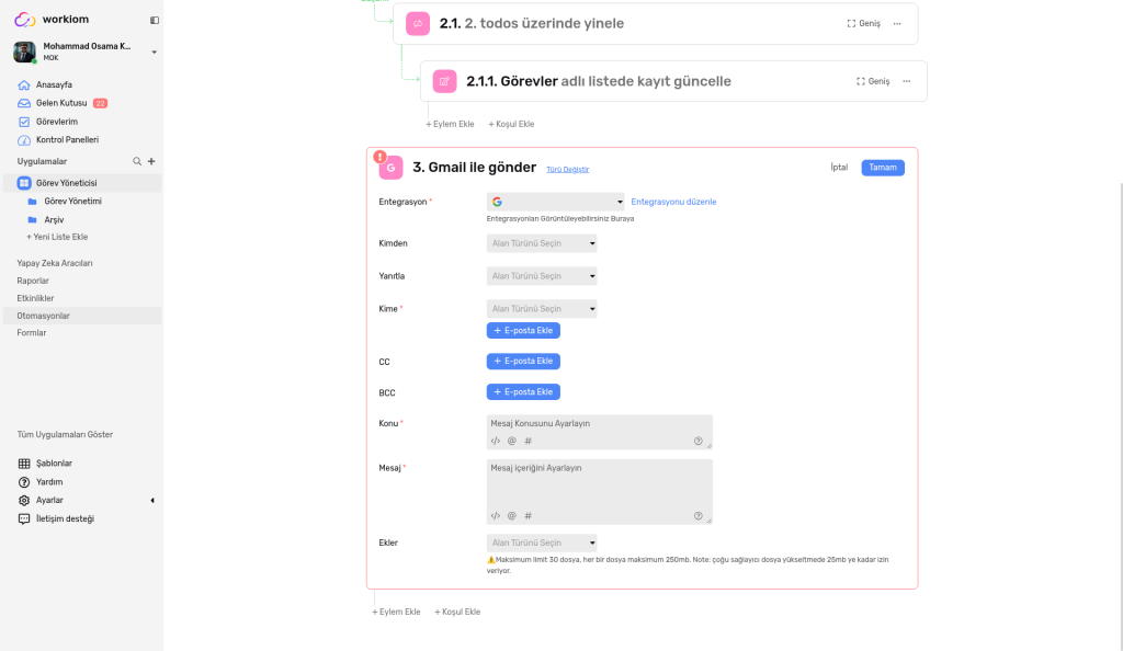 Integration, From, Reply To, To, CC, BCC, Subject, Message Body ve Attachments alanlarını içeren Send Via GMail adımı