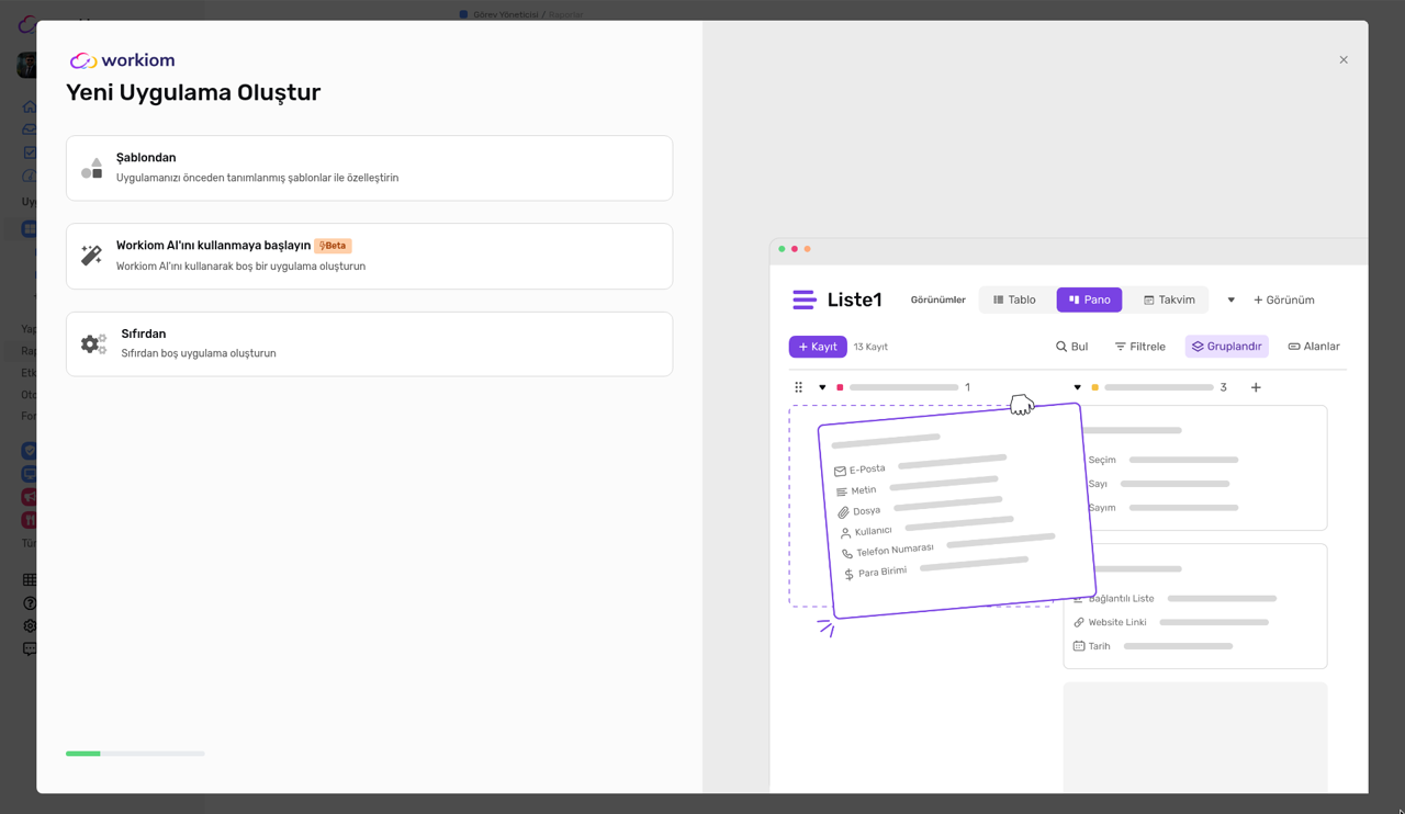 From Template, Start Using Workiom AI (Beta) ve From Scratch seçeneklerini içeren Create new app penceresi