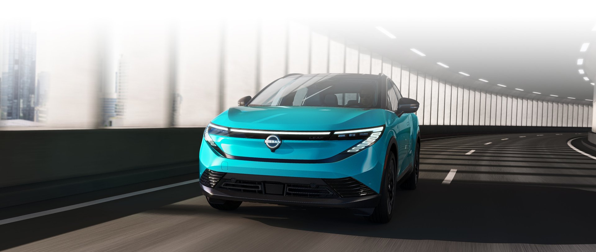 The redesigned 2026 Nissan LEAF in teal, front three-quarter view in motion.