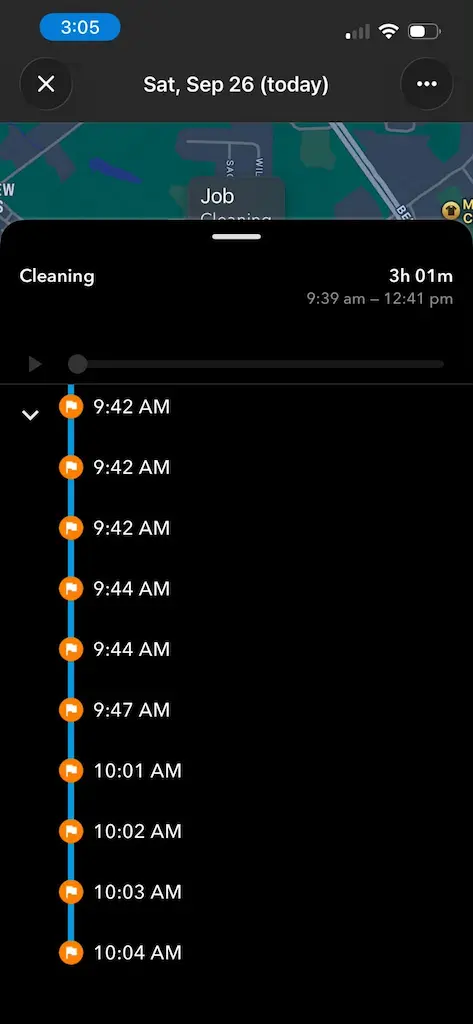 QuickBooks Time mobile timesheet showing chronological GPS breadcrumbs captured during driving