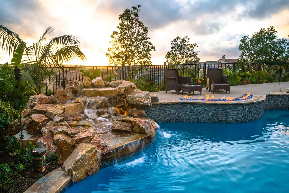 Natural Rock Waterfall , linear Fire Pit Zero Elevation