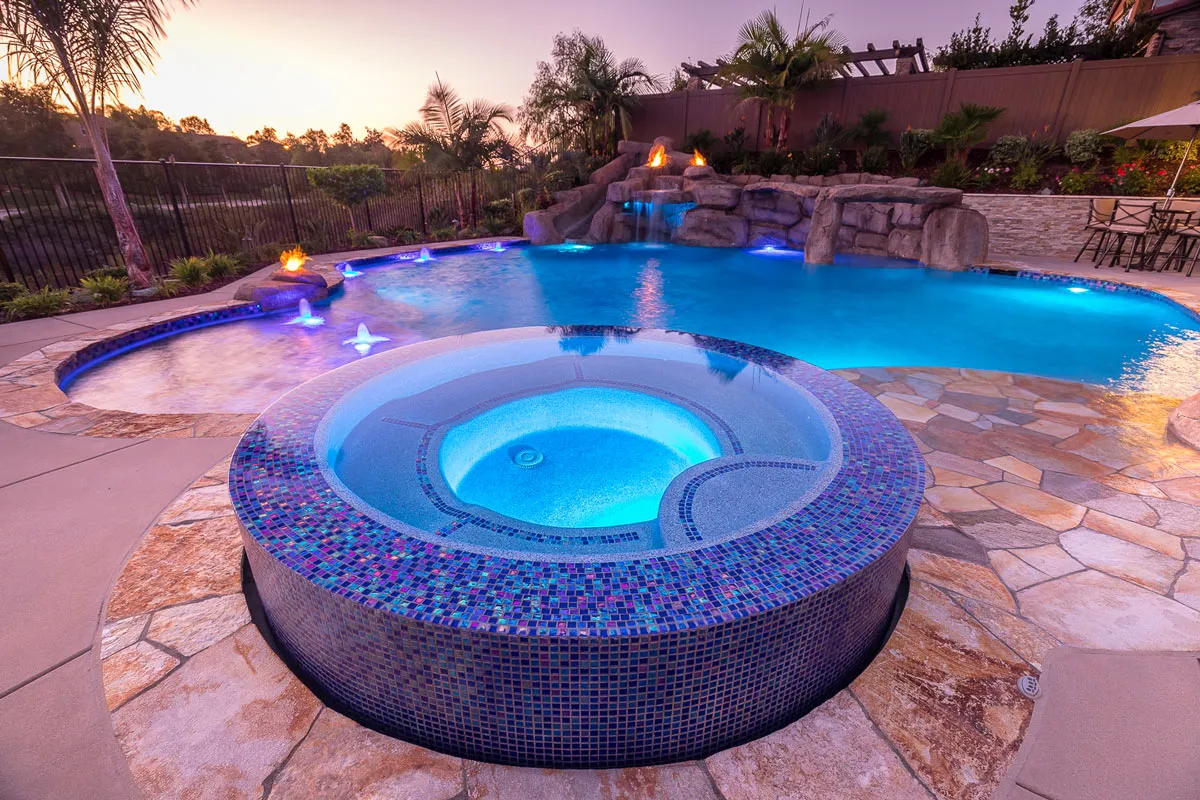 Rim Flow Spa , Telescoping Fountains , Quartzite Baja Shelf , Faux Rock Grotto & Slide , Fire Features