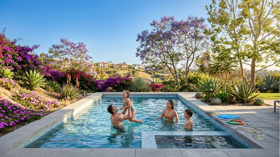 Family swimming in a backyard pool during spring in Southern California with blooming plants