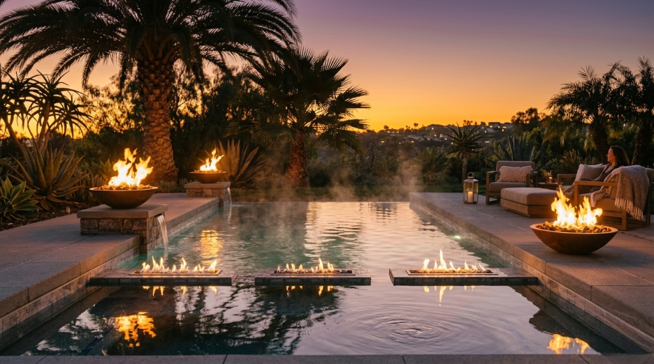 Backyard pool and spa combo with fire features creating a warm and inviting evening setting