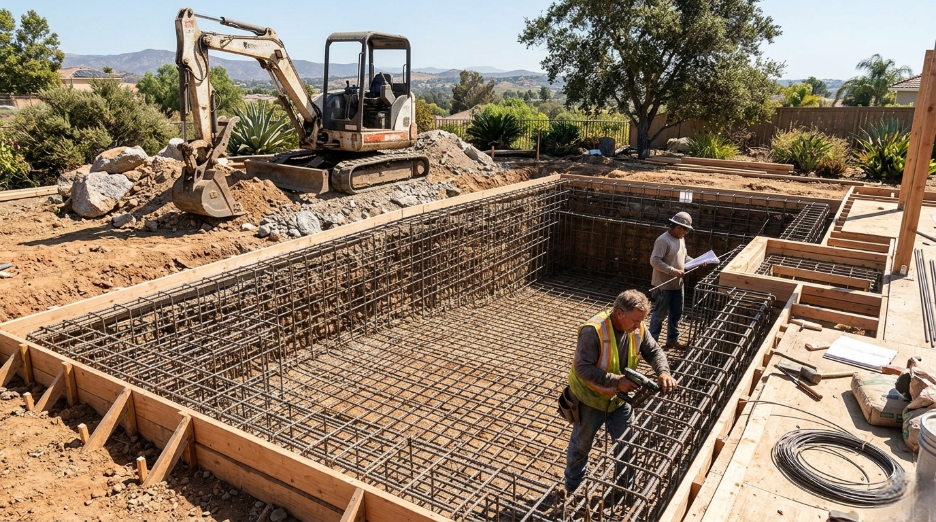 Swimming pool construction in Lakeside CA 92040 showing excavation and structural framing
