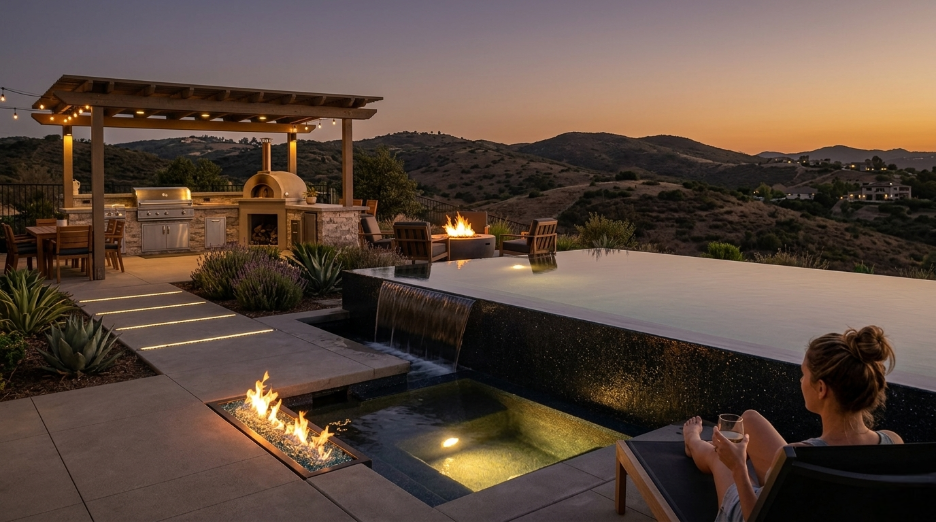 Custom pool and spa design near Lakeside San Diego with fire features and outdoor living space