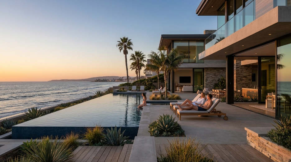Luxury infinity pool design in Coronado 92118 overlooking the Pacific Ocean