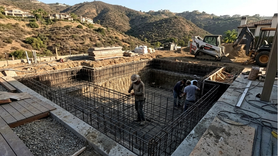 Swimming pool construction process in Bonita 91902 with steel reinforcement and excavation
