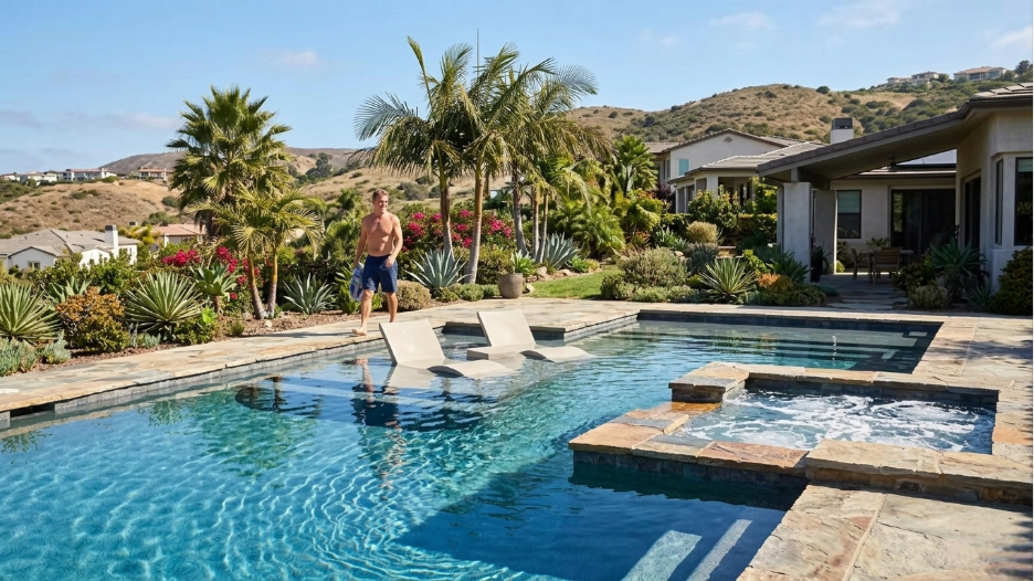 Modern pool design with Baja shelf and spa in Bonita 91908 residential backyard