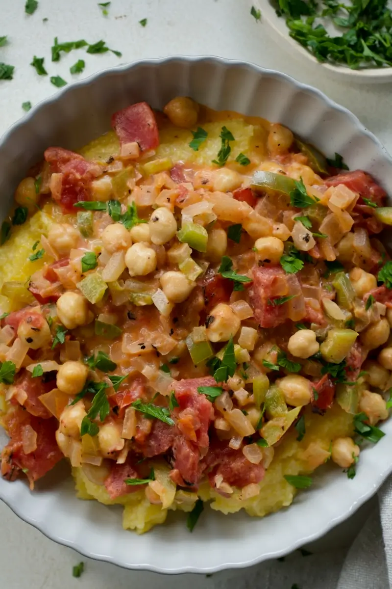 A close up of vegetarian shrimp and grits.