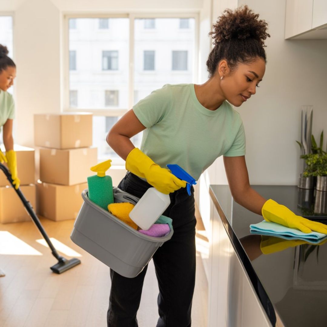 Woman wearing yellow gloves cleaning a countertop with a cloth and holding a bucket of cleaning supplies, while another woman vacuums in the background.