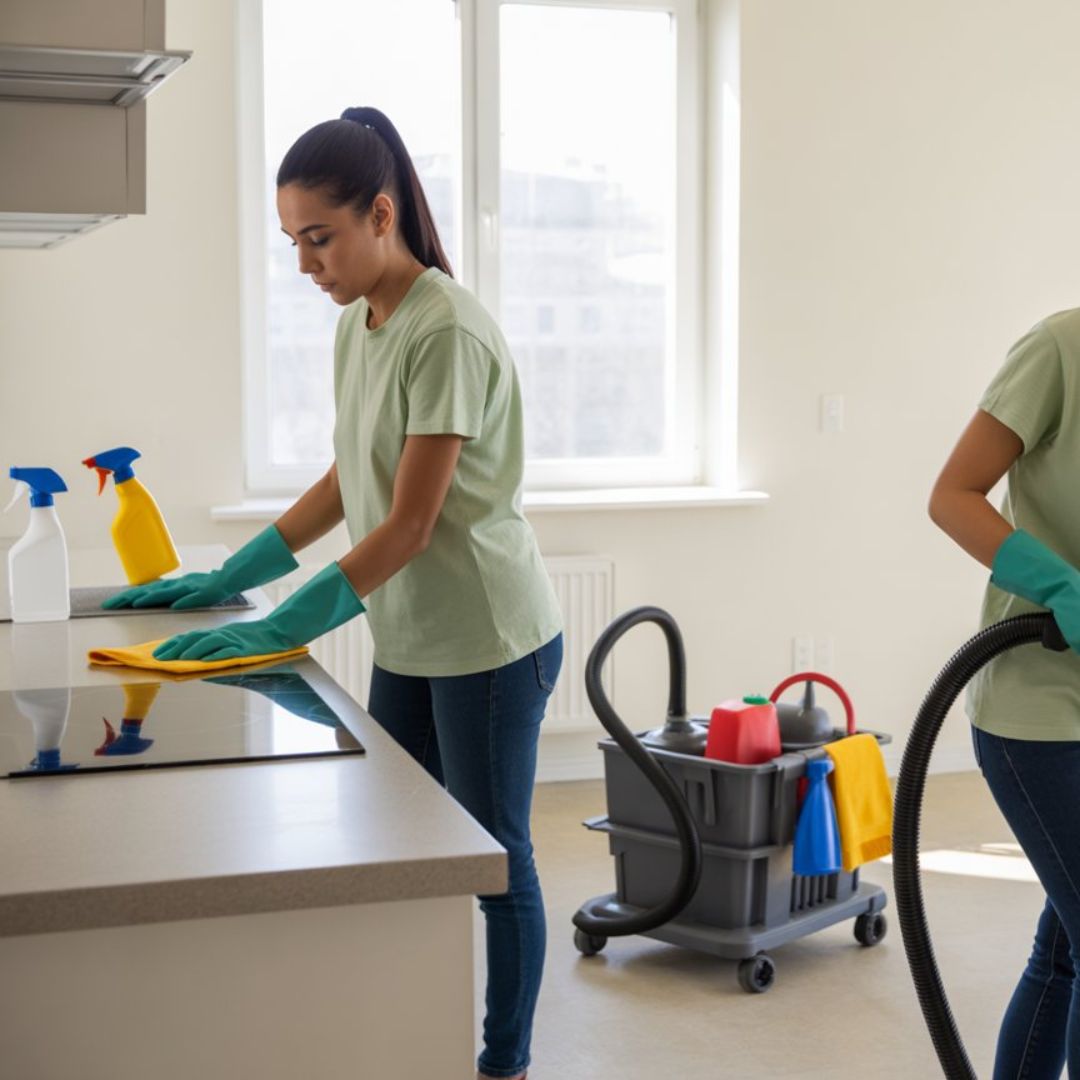 Woman wearing green gloves cleaning a kitchen counter with spray bottles and cleaning cart nearby.