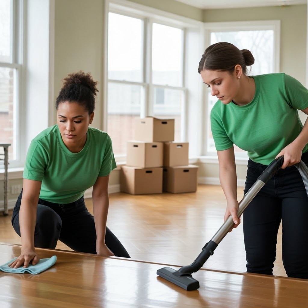 Two women in green shirts cleaning a wooden floor in a spacious room with moving boxes stacked by the windows.