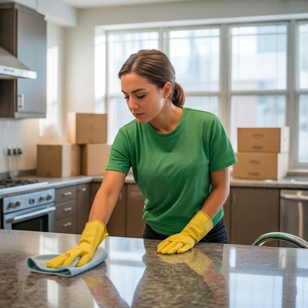 Woman in green shirt and yellow gloves cleaning a kitchen countertop with a cloth.