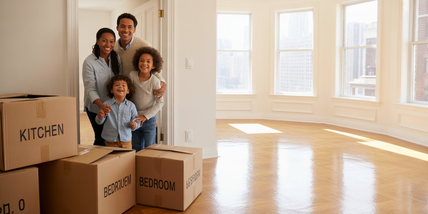 Smiling family of four standing in an empty bright apartment with cardboard moving boxes labeled Kitchen and Bedroom.