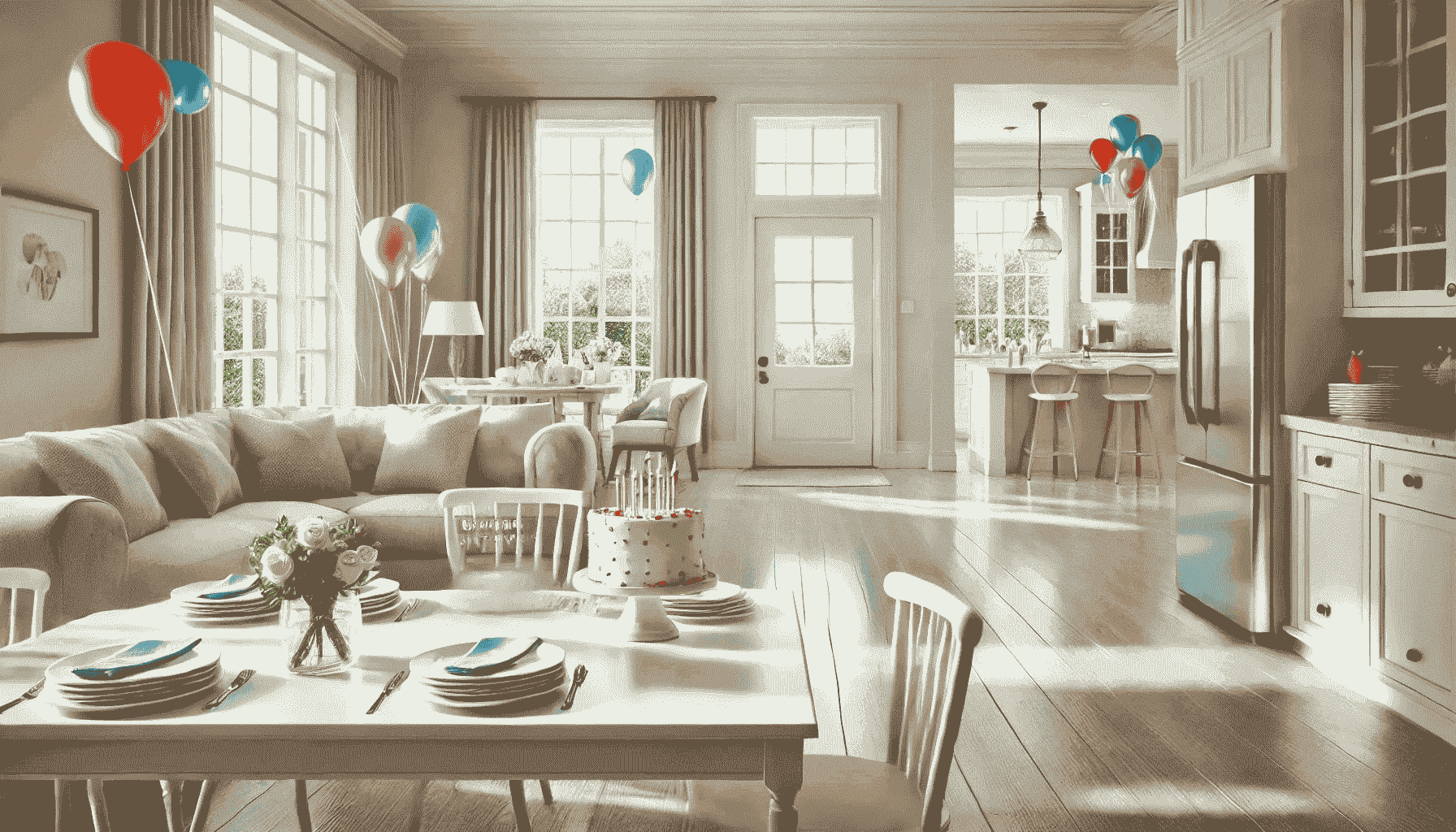 This image shows a bright living room in disarray after a birthday party. Deflated balloons, empty cups, wrapping paper, and leftover food cover the floor and tables. The kitchen is cluttered with dirty dishes, emphasizing the need for a thorough post-party cleanup.