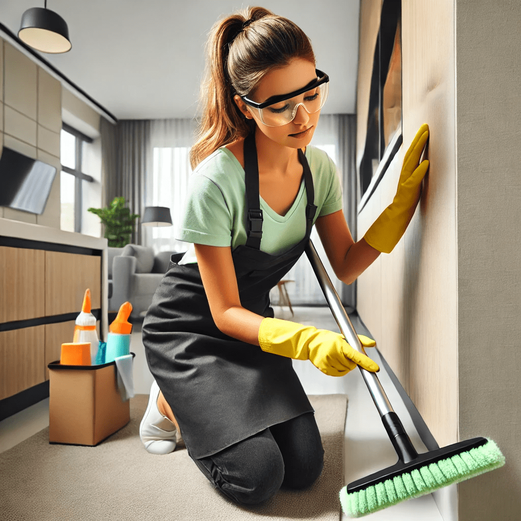 A cleaning technician cleaning hard to reach areas.