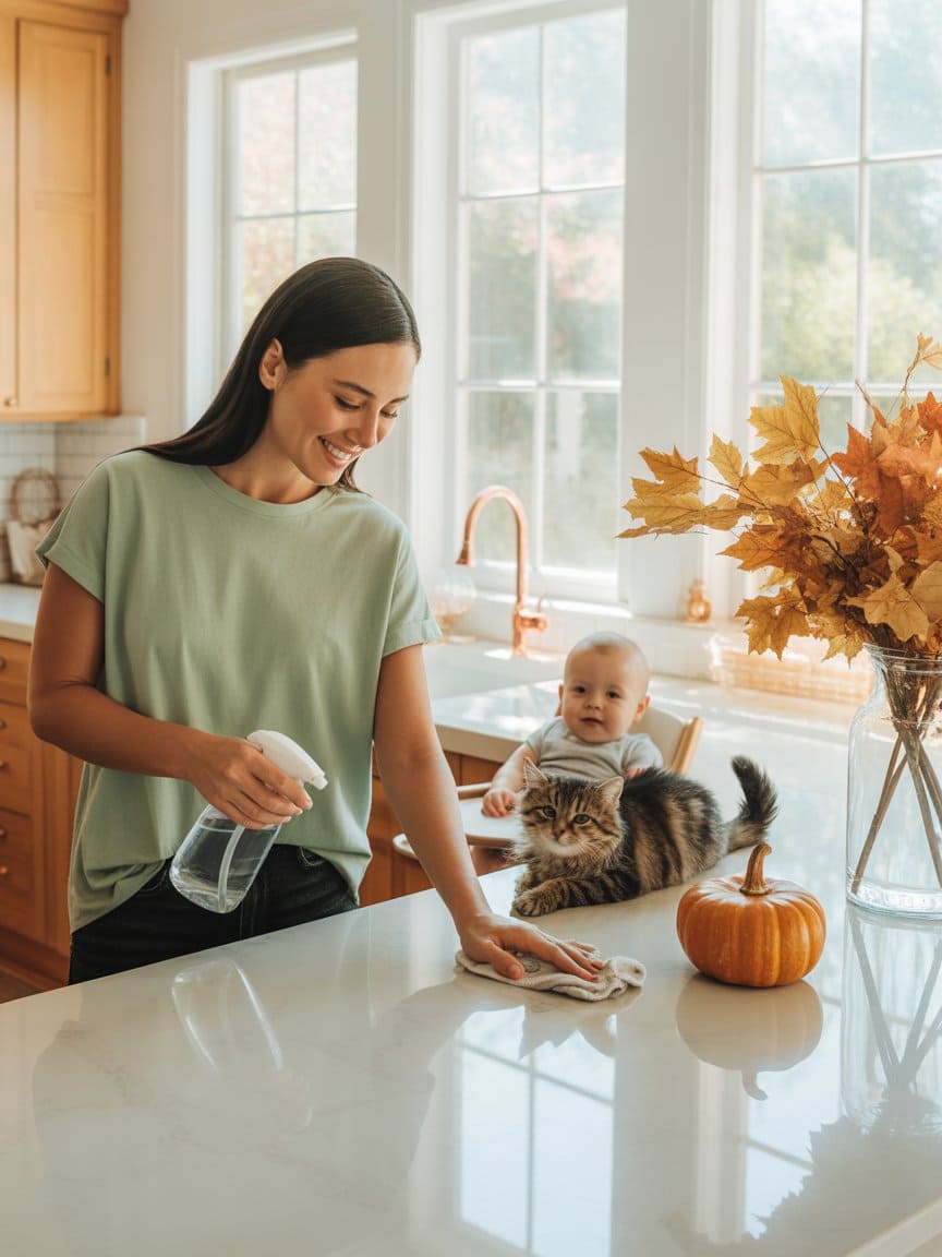 Fresh Tech Maid Chicago uses HOCl for non-toxic disinfection, ensuring a hospital-grade safe kitchen environment for babies and pets.