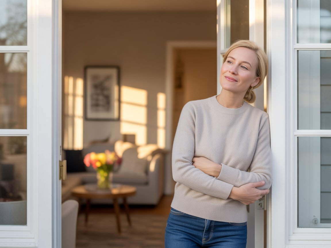 A visual representation of a 'Home Sanctuary': A woman enjoying a quiet moment of self-care in a bright, organized space, free from the 'January 3rd feeling' of clutter and stress.